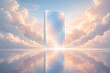 © propiks - A tall glass prism stands on a reflective surface with a bright sun shining through it, surrounded by fluffy white and orange clouds in a blue sky with warm light rays and a serene atmosphere.
