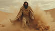 © AlenaSi - Dramatic scene from the Bible with Moses walking through sandy desert terrain enveloped in dust. Moses embodies strength and faith as he navigates challenging conditions.