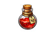 © Антон Сальников - A small round glass bottle filled with a bubbling red liquid, sealed with a cork and featuring a skull tag, isolated on a black background in a digital illustration style.