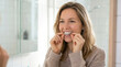 © jockermax3d - Smiling woman putting on a clear dental aligner in front of a bathroom mirror during her routine teeth straightening process