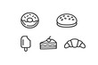 © icon_art - A collection of five minimalist line art icons representing various food items including a donut, a burger, a popsicle, a slice of cake, and a croissant.
