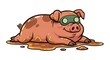 © Tyas - A cartoon pig wearing goggles sleeps lying in a puddle of mud on a clean white background.
