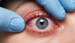 © Moopingz - Detailed shot of an irritated eye with prominent red veins, held open by a blue-gloved hand during an examination.