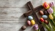 © ActionGP - Easter wooden cross with colorful eggs and tulips on rustic white wood background