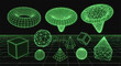 © Cil - Uma coleção de formas geométricas 3D em wireframe, exibindo um brilho verde neon sobre um fundo escuro com grade, representando conceitos digitais e tecnológicos.