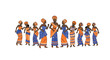 © afsana - Ten African women wearing vibrant blue and orange patterned dresses and headwraps perform a traditional dance.