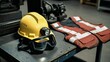 © PixelNet - Helmet Goggles and Reflective Vest on Metal Table
