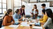 © Yuliia - Diverse business team collaborating in modern office meeting room with startup strategy presentation on whiteboard and documents.
