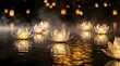 © Yuliia - Floating golden lotus flowers on water surface with warm bokeh lights creating peaceful meditation and spa atmosphere for wellness design.