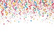 © straight - Colorful streamers and confetti falling from top on white background, suggesting a celebration