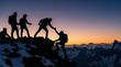 © Saeed - A team of mountaineers in silhouette helping each other ascend a rugged mountain peak at sunset symbolizing teamwork leadership and overcoming challenges