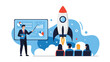 © Power Clipart - Business professional presents a startup plan with a rocket launching in the background to an audience of investors.
