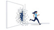 © Power Clipart - Energetic woman wearing casual blue clothes runs through a solid white wall that is shattering into many small fragments.