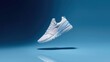 © LimeSky - Light blue-accented white sneaker on a blue gradient backdrop, athletic theme, men's style, footwear, airborne, lifestyle, product image, floating concept, urban