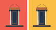 © ColorWave Studio - Two identical formal lecterns with microphones and elegant columns are presented against contrasting red and orange backgrounds.