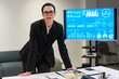 © pressmaster - Caucasian middle aged woman standing at desk presenting business data during meeting, looking confidently at camera with digital charts and graphs displayed on large screen in background