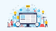 © Shefali - Search engine optimization concept featuring a website layout on a monitor surrounded by laboratory equipment and professional characters.