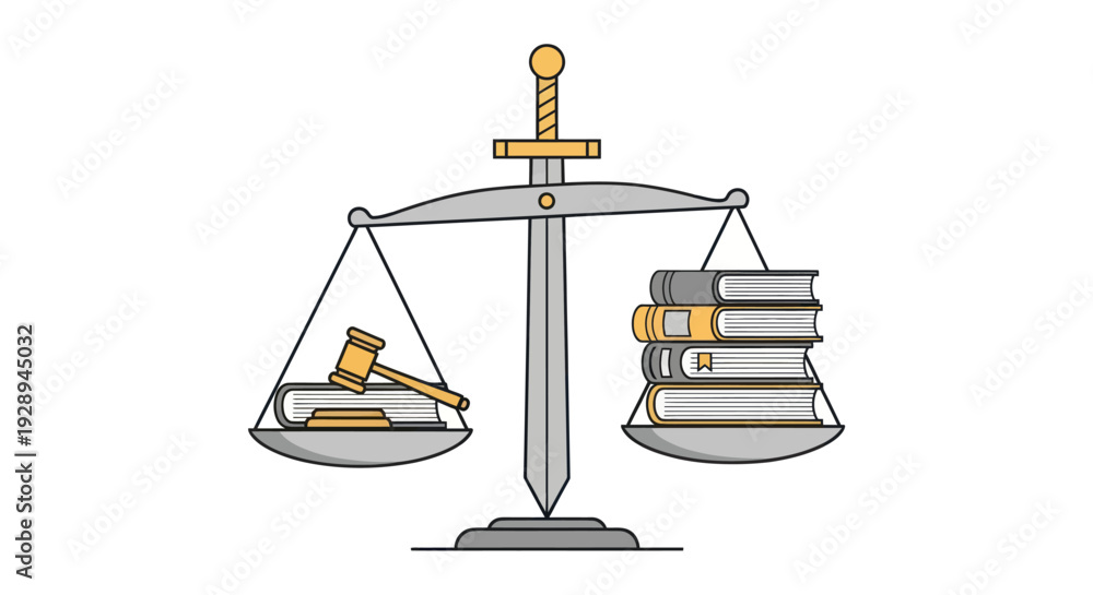 Scales of justice with sword, gavel, and books on a balance Stock ...