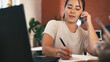 © peopleimages.com - Writing, phone call and businesswoman in office with planning for creative project with agenda. Schedule, ideas and person on mobile discussion for feedback on article with publishing at agency.