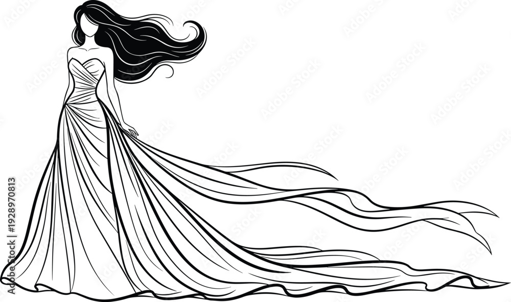 Elegant Woman in Flowing Evening Gown Line Art Illustration Featuring ...
