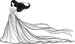 © Asik - Elegant Woman in Flowing Evening Gown Line Art Illustration Featuring Long Hair and Graceful Fashion Design Concept