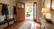 © David - Beautiful open wooden front door with decorative glass panels reveals a welcoming home entryway bathed in natural light, showcasing a comfortable and stylish interior