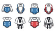 © Ophelia - pixel art set of taekwondo protective gear and uniforms in red blue and white hand drawn style for martial arts design