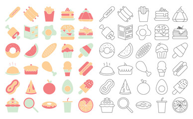 Naklejka na meble Colorful Junk Food Vector Illustration Collection, Cute Pastel Fast Food Clipart Set