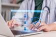© khunkornStudio - Hand doctor typing laptop clinic protect medical data security privacy shield patient history diagnosis electronic health record cyber compliance.