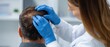 © Olga Ко - Dermatologist in blue gloves examining the scalp of a male patient with thinning hair. Close-up of a trichology check-up and hair loss diagnosis in a clinic. Panoramic banner.