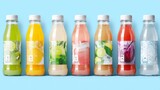 Colorful assorted fruit beverage bottles lined up on blue background showcasing refreshing drink packaging variety