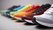© Bussakon - A lineup of vibrant multi colored athletic running shoes displayed in a clean studio setting