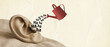 © tonstock - Surreal conceptual illustration of laughter being poured into a human ear for humor therapy and mental wellness.