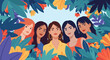 © DC - Diverse Women Smiling in Vibrant Floral Frame Illustration. Group of Multi-ethnic Females Surrounded by Tropical Foliage.