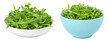 © kolesnikovserg - Heap of green fresh rucola or arugula leaf in ceramic bowl isolated on white background