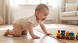 © Tatyana - Baby crawling excitedly towards colorful toy train on floor