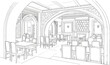 © Korek - Ornate interior sketch of an elegant dining hall with multiple tables and chairs