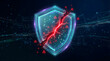 © solom - digital cybersecurity concept of a glowing blue shield broken by a red lightning bolt representing a major data breach security failure and cyber attack on a dark background