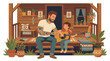 © AdalmineStudio - Modern tattooed father teaching little son to play acoustic guitar on rustic cabin porch, cozy family bonding music vector