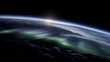 © forenna - Aurora borealis viewed from orbit above Earth with green and purple light ribbons over polar region, perfect for space photography concept, orbital perspective, natural phenomenon, atmospheric