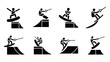 © Ophelia - wakeboarding jumps and tricks black silhouette icon set in hand drawn style