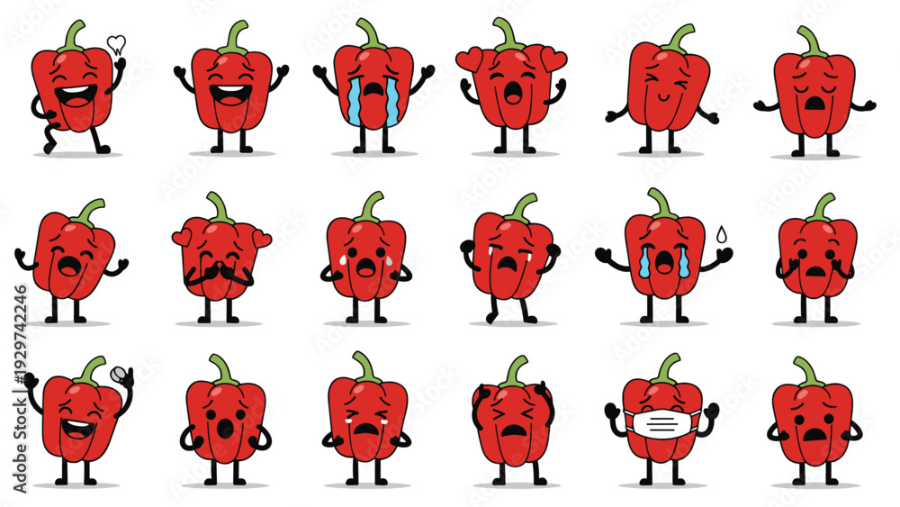 Large grid of red bell pepper emojis showing a wide range of emotions ...