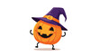 © RafaelC - Happy Halloween pumpkin character wearing a purple witch hat with a yellow buckle dancing joyfully to celebrate the spooky seasonal holiday.