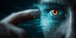© silver bug - A cybernetic eye glows orange amid digital circuitry, finger hovering near the temple. The image symbolizes AI integration, surveillance, and the fusion of human and machine, data analysis concept.
