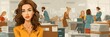© silver bug - A confident woman in yellow stands foregrounded amid a bustling, paper-laden office. Illustration captures modern workplace energy, professionalism, subtle overload.