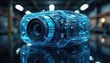 © miss irine - Transparent blue device with complex inner workings sits on wet reflective surface. Intricate internal components suggest advanced technology future engineering. Clear casing precise mechanisms.
