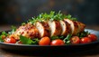 © miss irine - Cooked chicken breast slices served with fresh cherry tomatoes and green herbs on a dark plate. The juicy poultry meal offers a delicious and healthy dining experience.
