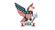 © Naim - A cartoon bald eagle, decorated with flag patterns, holds seven arrows and stands on a USA banner against a white background.
