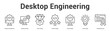 © AGE - Desktop Engineering web banner icon set vector illustration concept for business with icon of Desktop Development, Desktop Setting, Value Coding, Feature Quality, Code Analysis, Verified Idea, Certif.