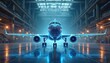 © Vadym - Glowing blue digital wireframe airplane model sits inside large industrial hangar. Futuristic aircraft design, engineering and tech concept. Virtual aviation.
